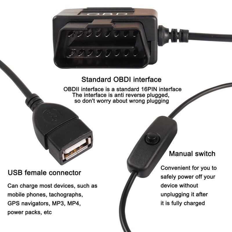 XMSJSIY OBD to USB Power Cable Adapter 16Pin OBD2 Male to 5V 2A USB Female Connector 12V 24V 36V to 5V 2A with Switch Button for Dash Camera Phone Car GPS DVR-0.5M/1.6FT - Image 3